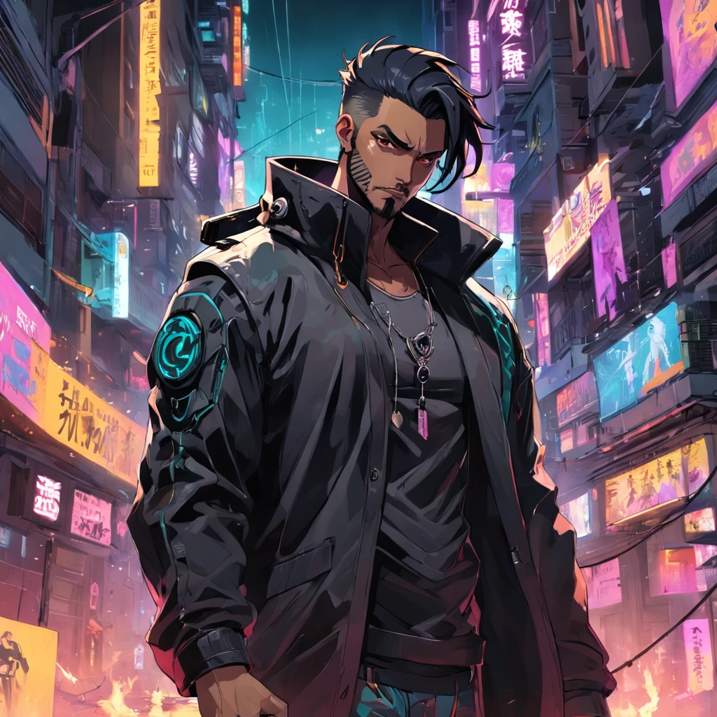 Crie a arte de um personagem humano masculino caucasiano, vestindo jaqueta de trincheira longo da cor preta, inspirado no jogo Shadowrun, Fantasy Cyberpunk Noir, cyberpunk noir, estilo bladerunner