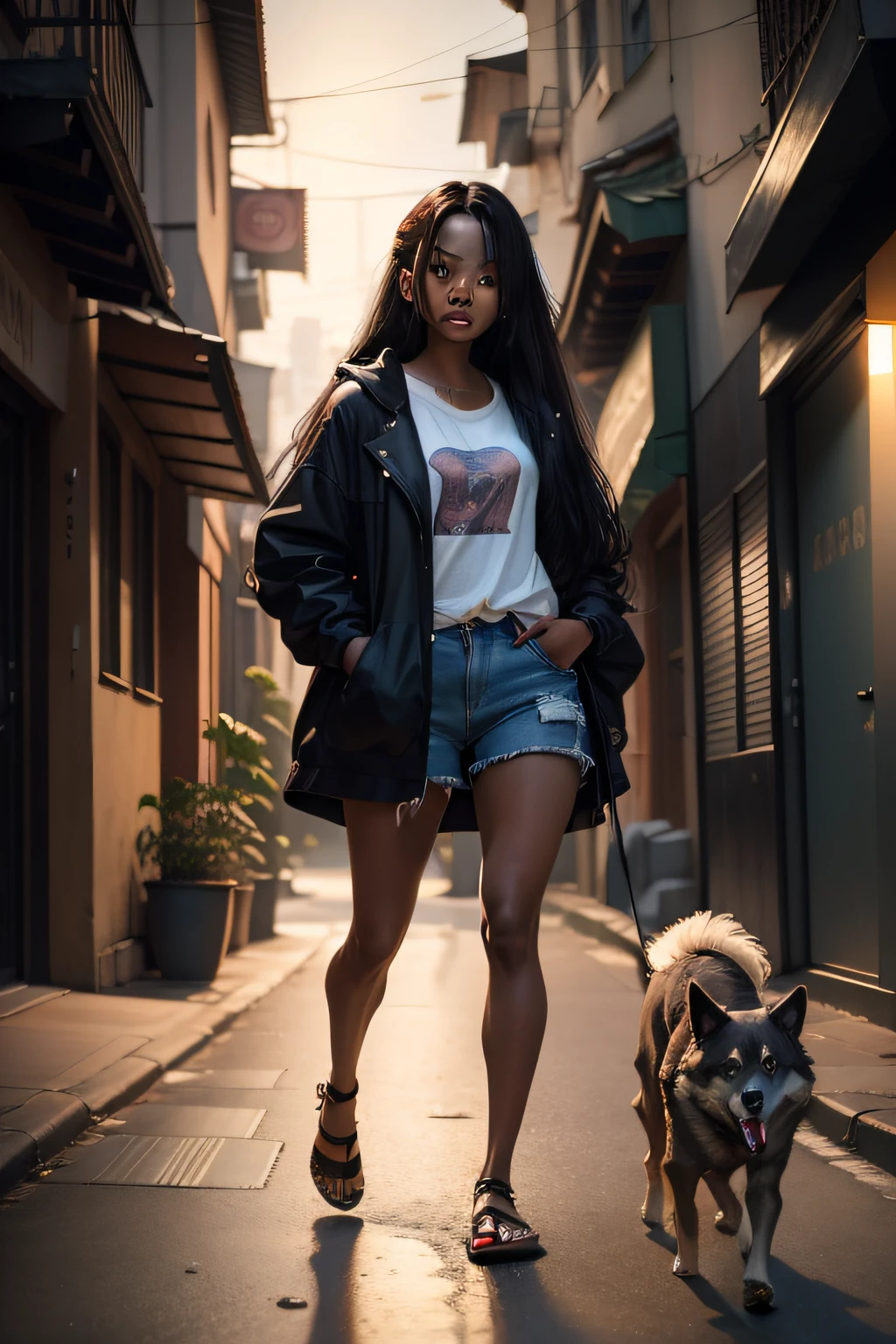 Cinematic shots,One was 20 years old、Women with dark skin,Wear a long-haired coat、Cut shorts and sandals,the night,On a run-down street,Walking next to a gray dog,a sense of atmosphere,4k
