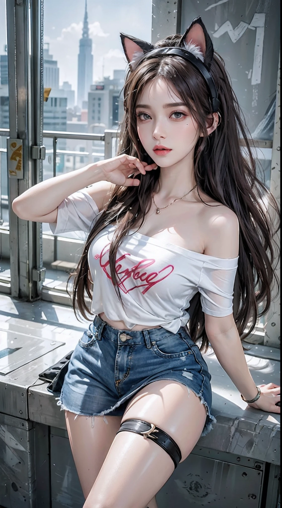 photorealistic, high resolution, soft light,1women, solo, hips up, shining skin, (detailed face), jewelry, tattoo, off-shoulder t-shirt, painted t-shirt, skirt, pink headphone, cat ears headphone, gamer