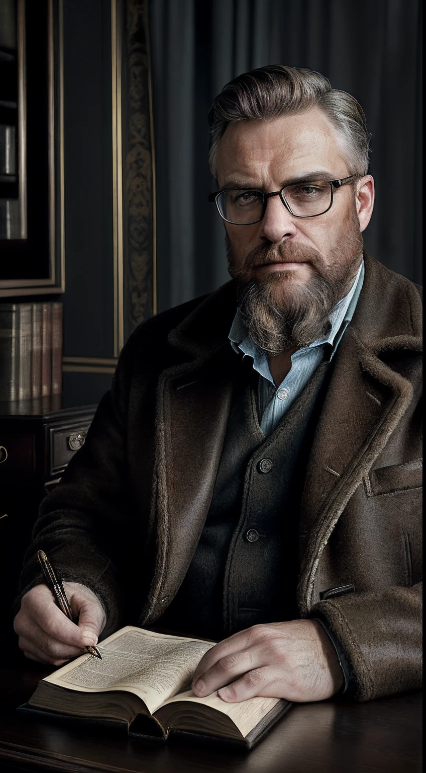 (editorial photograph 9:16 of a working man sitting in his living room in, bearded, calm,confident,look rich,serious doing his reading, 52 years old, brown eyes), (wearing luxury coat, wearing nerd glasses, detailed:1.3), (highly detailed face:1.4), (background inside dark, grumpy, private study, antique furniture:1.3), (8k, uhd, DSLR,  high quality, cinematic lighting, bokeh), (dramatic and award-winning photography, amazing masterpiece:1.3) (strong depth of field)show book