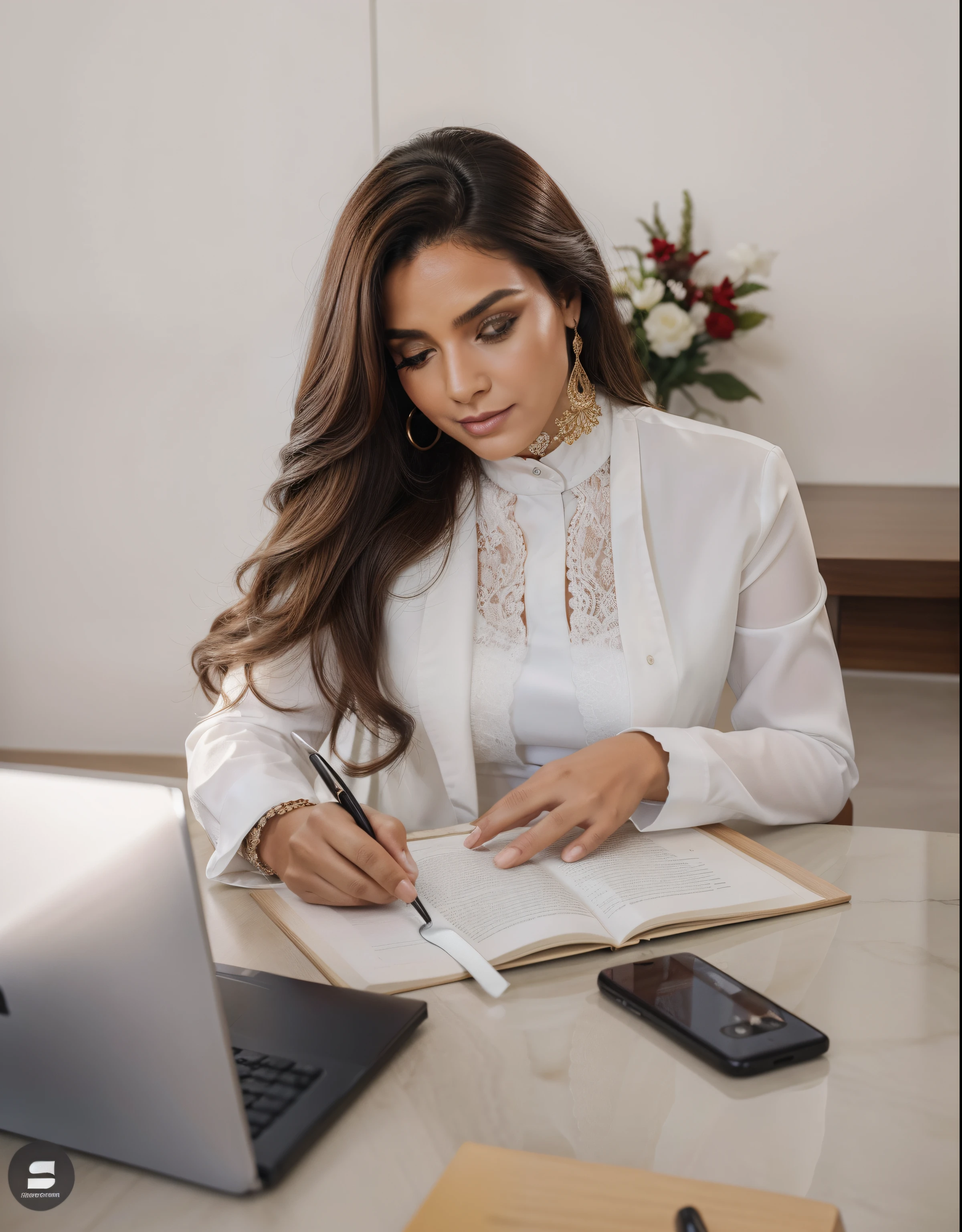 1 mulher adulta, cabelo comprido, cabelo cacheado, cabelo cor preto, pele suave, olhos castanhos, sorrir, vegetation, Occasional, Businesswoman style clothes, blaser vermelho, realista, com fundo em um restaurante chique, 8k super realista, super detalhado e realista