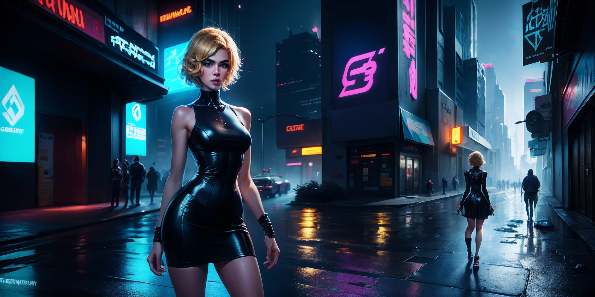Kiernan Shipka with short blonde hair in a short dress and black latex neckline standing on a wet street, seios grandes, cintura fina, coxas grossas, em Cyberpunk city, em uma cidade Cyberpunk, no estilo Cyberpunk, Foto Cyberpunk, Cyberpunk shiny latex short dress, Cyberpunk em uma cidade Cyberpunk, Cyberpunk feminino loira, in a cyberpunk setting, em uma cidade Cyberpunk, em uma cidade Cyberpunk, Cyberpunk, Garota Cyberpunk, em uma Cidade Cyberpunk Futurista