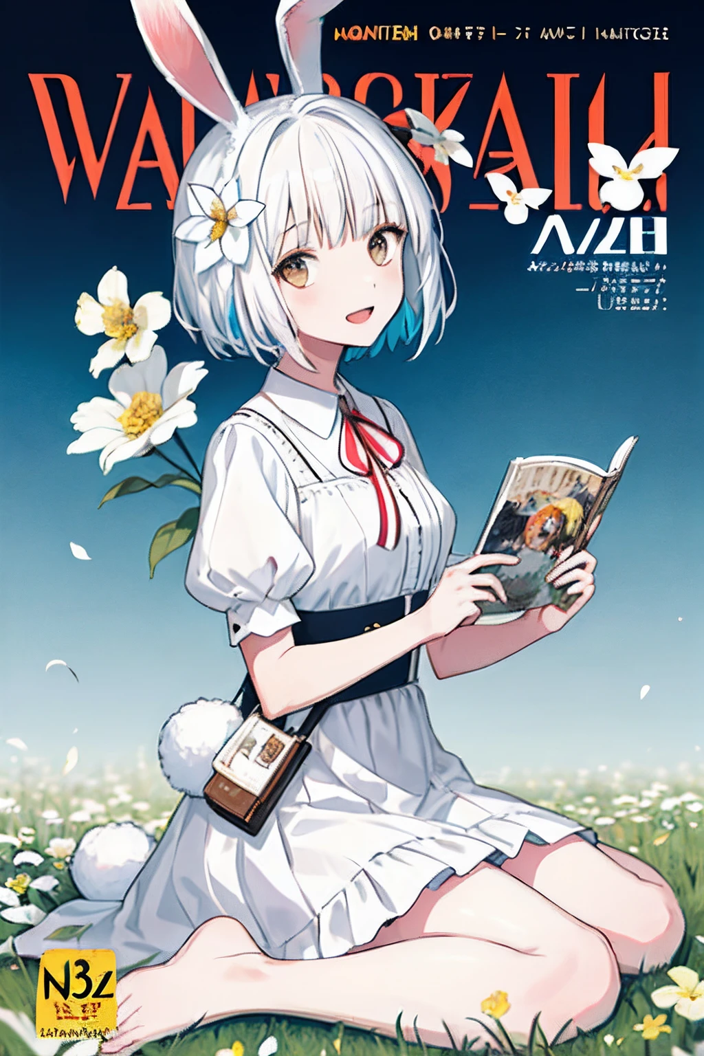 (masterpiece,best quality:1.5), 1girl, solo, solo focus, (animal ears, rabbit ears), barefoot, knees up, dress, sitting, short sleeves, looking at viewer, grass, short hair, smile, white hair, puffy sleeves, outdoors, puffy short sleeves, bangs, on ground, full body, animal, sunlight, brown eyes, dappled sunlight, day, depth of field, open mouth, (flower, hair flower), w, wariza, white dress,
(magazine:1.3), (cover-style:1.3), fashionable, woman, vibrant, outfit, posing, front, colorful, dynamic, background, elements, confident, expression, holding, statement, accessory, majestic, coiled, around, touch, scene, text, cover, bold, attention-grabbing, title, stylish, font, catchy, headline, larger, striking, modern, trendy, focus, fashion,