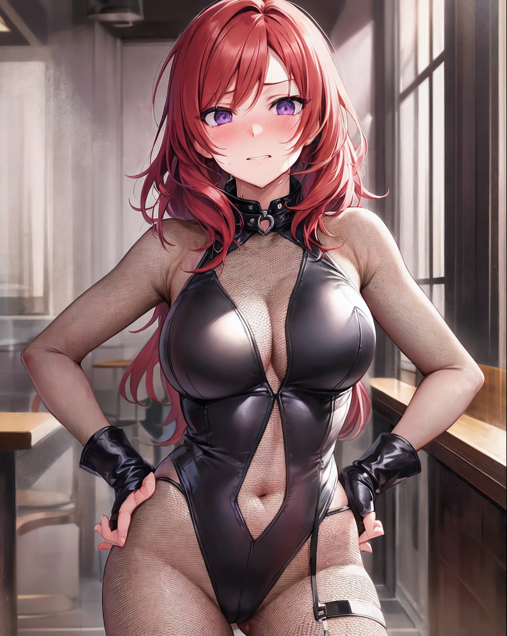 masterpiece, best quality, highres, nishikino maki, purple eyes,red hair, in bar, standing, hand on hip,looking at viewer, sexy,(lips:0.6),fishnet bodysuit, leotard,thighs gab,ass visible through thighs, llchar, cowboy shot,(solo),neck collar,skin tight, Blushing, embarrassed, steaming body, sweaty