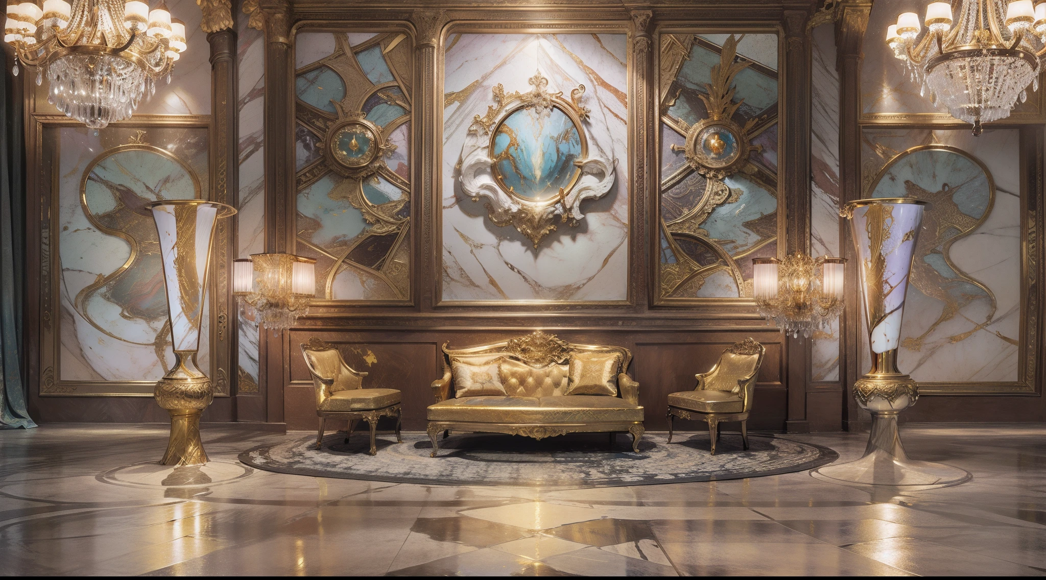 shot from front、Office、The whole picture、Quite large room、Quiet room、ornamented、opulent、glimmering light、golds、Pedras preciosas、precious metal、marbled、picture frame、wall-paper、​masterpiece, top-quality, in 8K , intricate detailes, ultra-detailliert , light Particle、32K Digital Paint, Hyper-Realism,
