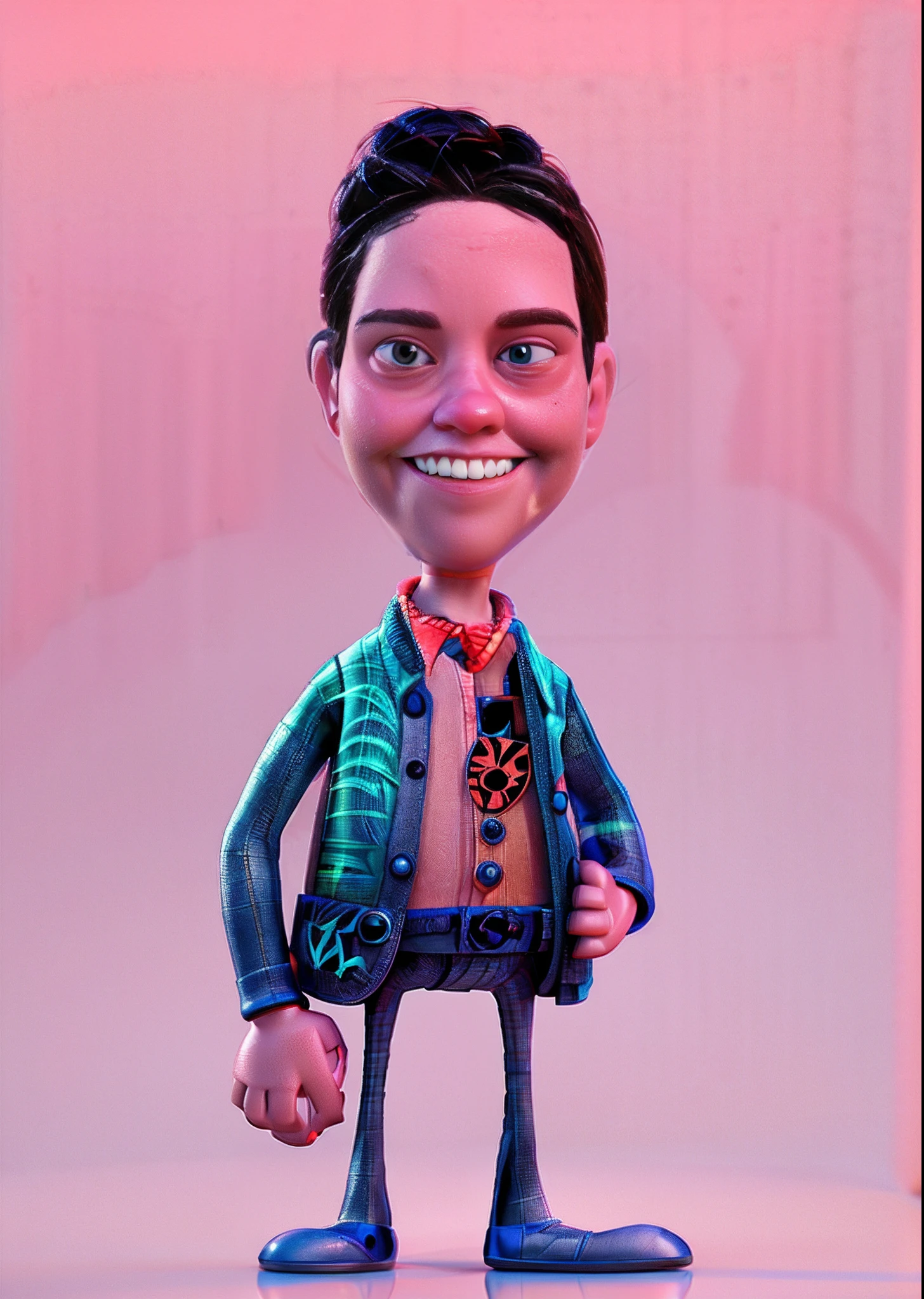 A full-length man in cartoon Pixar 3d style, in black long line shirt, smiling at camera, soft pink background, funny cartoon in Pixar style, 3d, cinema 4d, (pixar character style:1.8).