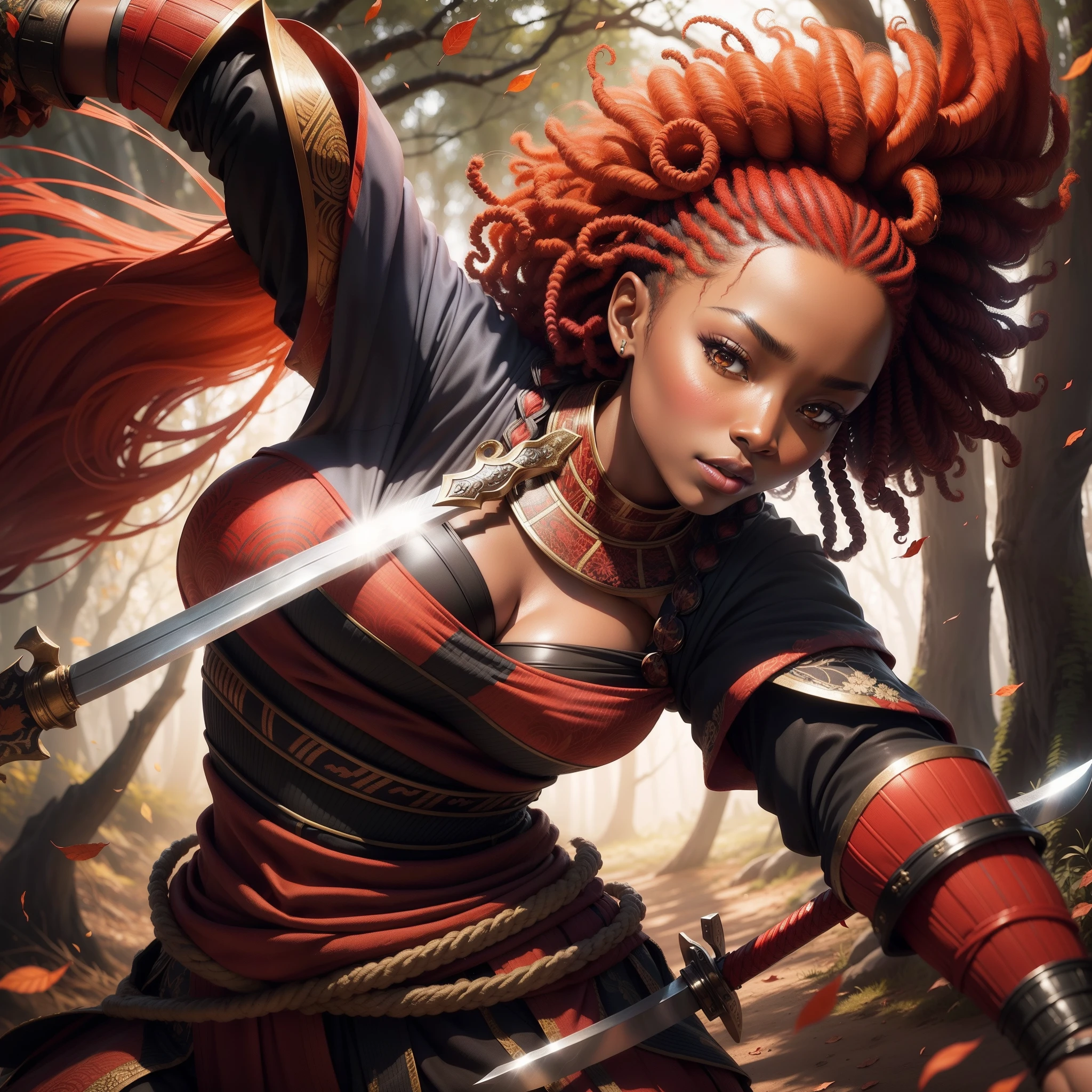African woman dressed in African design samurai clothes, with curly red hair holding a sword in front of a black and white forest, fighting pose in air slashing falling red leaves with a sword, with iridescent light, highly detailed images, vibrant beautiful colours, photorealistic image, 8k, ultra HD, unreal engine rendered, cinematic lighting, artgerm style,