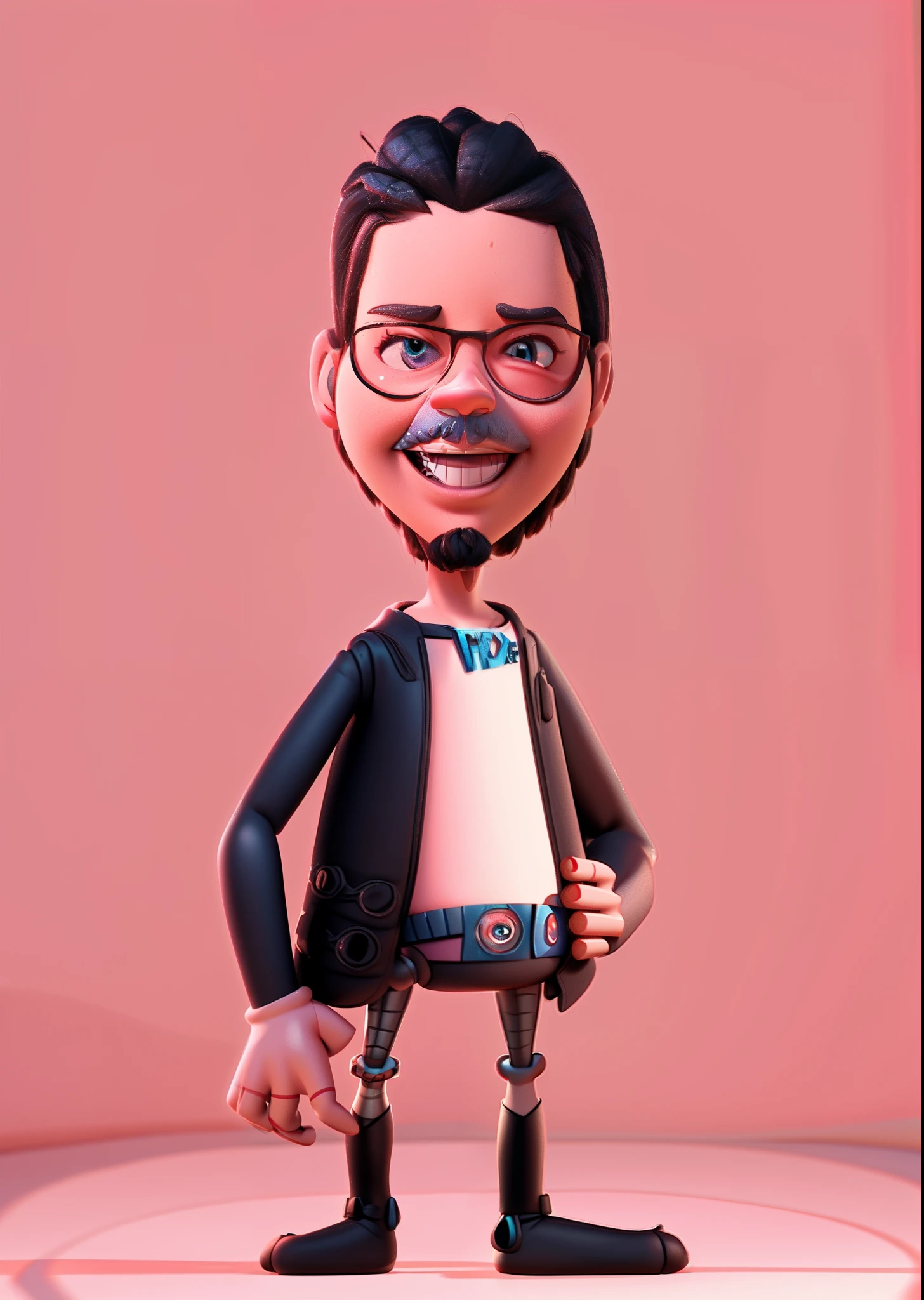 A full-length man in cartoon Pixar 3d style, in black long line shirt, smiling at camera, soft pink background, funny cartoon in Pixar style, 3d, cinema 4d, (pixar character style:1.8).