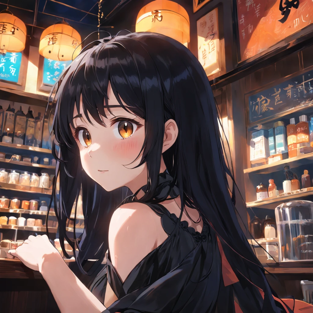 Black silk girl,cafe shop,Close-up bright,enjoyable