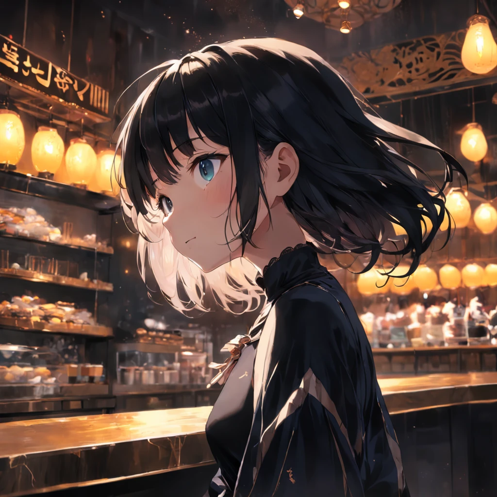 Black silk girl,cafe shop,Close-up bright,enjoyable