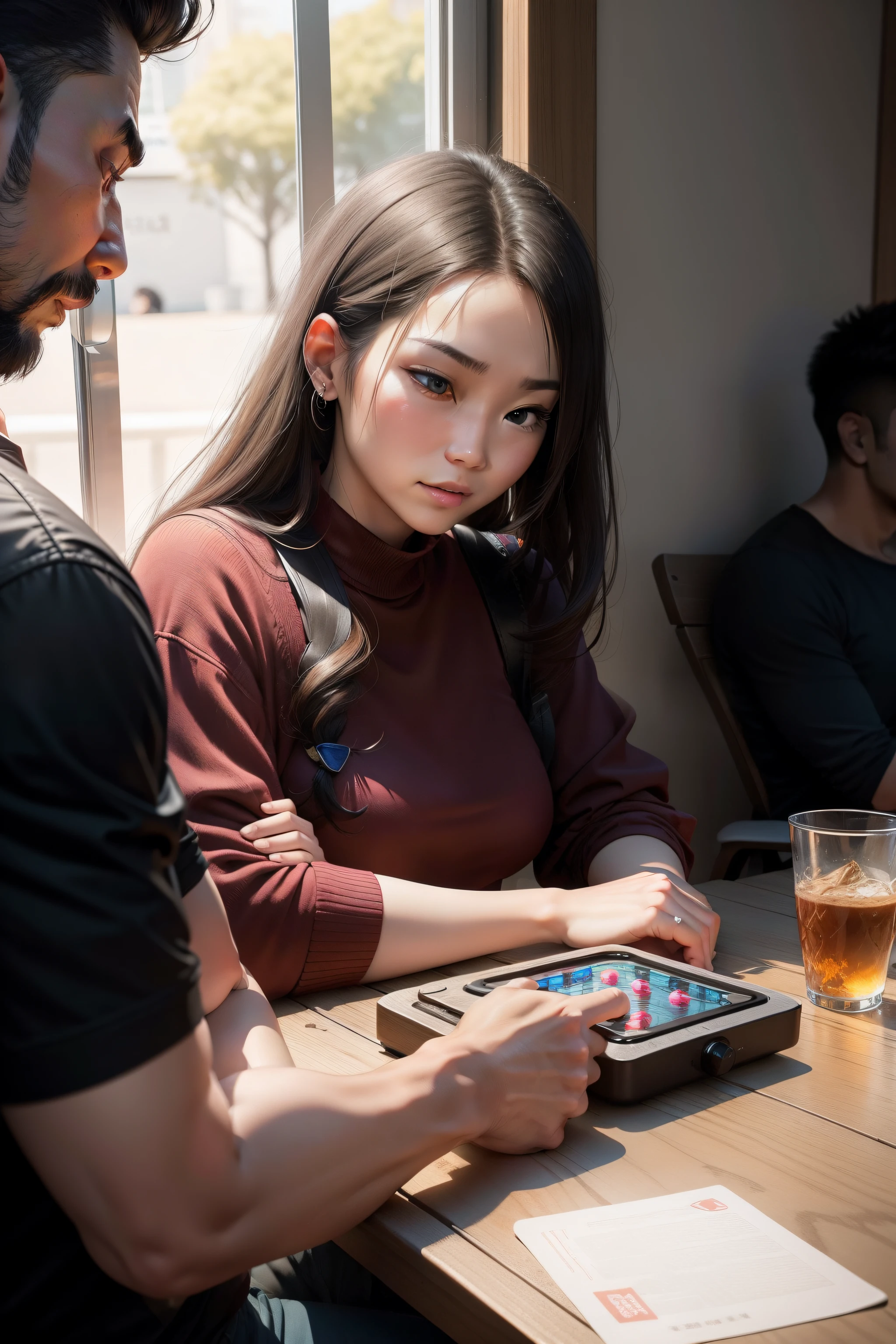 Men playing games,The woman was cursing next to her all the time,The man had a relaxed expression,The woman's expression was serious。