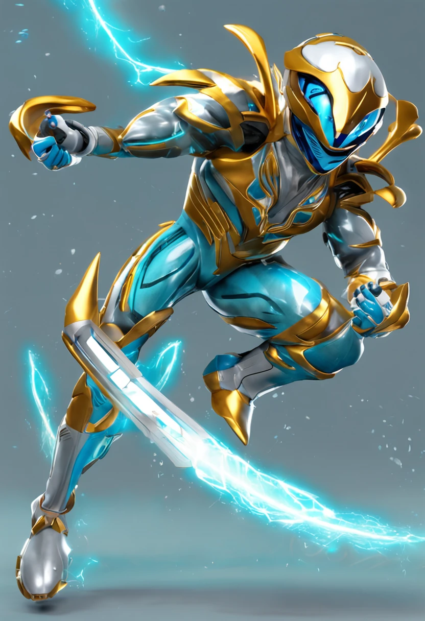 Entiendo que deseas mantener el estilo anterior. Here you have an updated and summarized version of the Galactic Power Ranger with the characteristics of light blue color and an aquatic approach, in the same style as the previous description:

The Galactic Power Ranger features a modern design inspired by classic Power Rangers, Prioritizing protection and agility. Con un tono de piel afroamericano, Her short, fashionable hair is complemented by golden lenses that add a touch of elegance.. Su atuendo principal es de un vibrante color celeste, evoking freshness and aquatic nature. The suit is designed to represent ocean waves and currents.

Water-inspired hull has a fluid and elegant design, with details reminiscent of ocean waves. When facing the intergalactic threat, Galactic energy flows through it, creando destellos celestes en sus curvas. Wield an energetic trident, y en un movimiento poderoso, triggers your aquatic attack. A torrent of celestial energy shoots from the trident, enveloping the threat and unleashing a shocking cascade of galactic force.

As an aquatic Ranger, Its purpose is to protect the galaxy by channeling celestial energy from the cosmic oceans to maintain balance.. Design fuses grace and power, capturando la dualidad de sus habilidades y personalidad, and representing its connection with the aquatic element, manteniendo el estilo anterior.