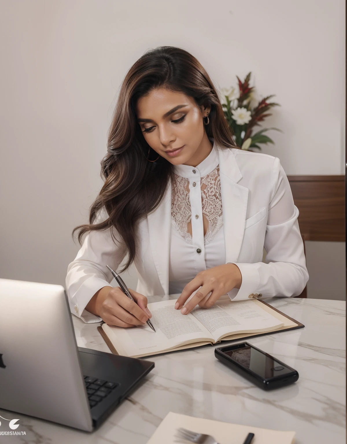 1 mulher adulta, cabelo comprido, cabelo cacheado, cabelo cor preto, pele suave, olhos castanhos, sorrir, vegetation, Occasional, Businesswoman style clothes, blaser vermelho, realista, com fundo em um restaurante chique, 8k super realista, super detalhado e realista