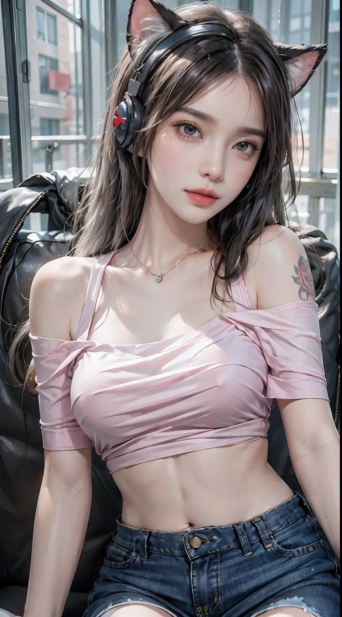 photorealistic, high resolution, soft light,1women, solo, hips up, shining skin, (detailed face), jewelry, tattoo, off-shoulder t-shirt, painted t-shirt, skirt, pink headphone, cat ears headphone, gamer, white hair