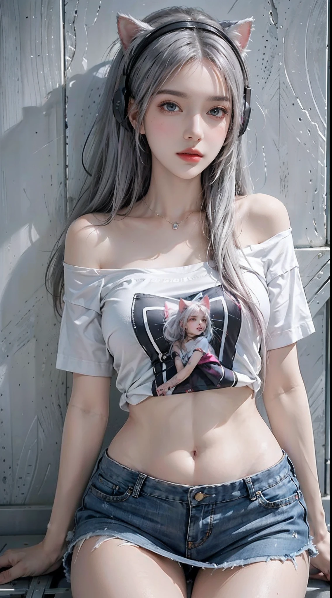 photorealistic, high resolution, soft light,1women, solo, hips up, shining skin, (detailed face), jewelry, tattoo, off-shoulder t-shirt, painted t-shirt, skirt, pink headphone, cat ears headphone, gamer, white hair