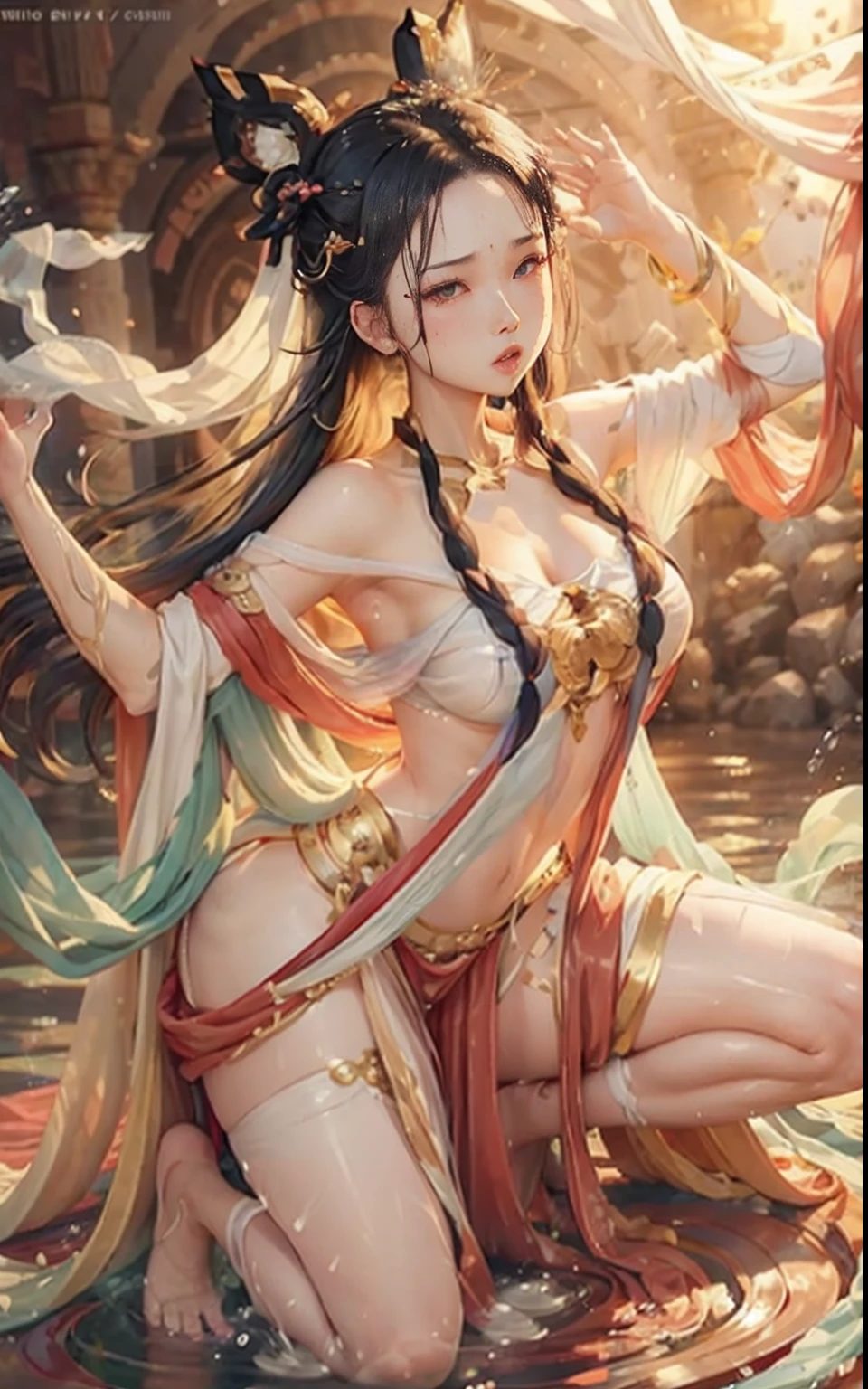 jeizuo, awesome, viewer, reality, full body in camera, on knees, squat, brunette hair, long hair, thorough, tall, forced real water, white less cloth transparent mini shirt, white transparent thong, seaside, rawe very detailed, ahegao, roll your eyes, blush, water running in mouth, sticky tongue, vaginal run, runny vaginal discharge, blowing tide, very large breasts, grab your breasts with both hands, spread your legs, sexual arousal, sexual expression, shiny skin.