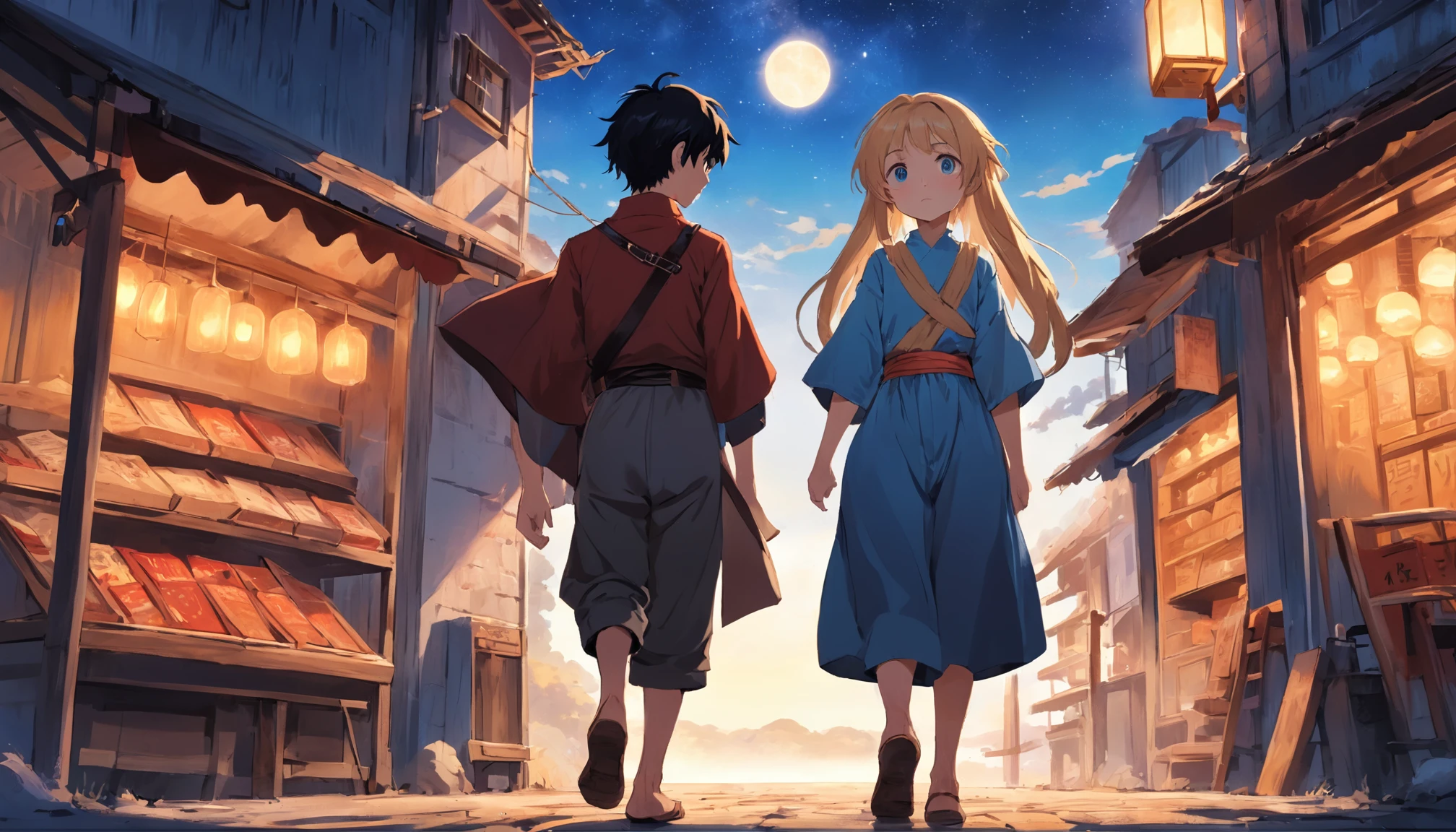 (an adventurous peasant boy, with sad countenance) and (a young peasant woman), wearing shoes, in a shop, anime style, book cover style, sunset as day gives way to night, a starry sky begins to rise above , surrounding image