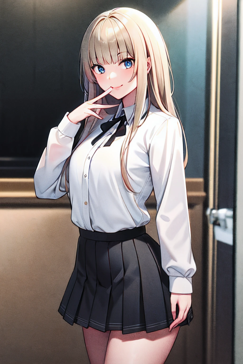 Masterpiece, Best quality, High definition, KR1, Blue eyes, Smile,bangs, White shirt, Black skirt, Stand with finger, Pleated skirt, Socks, small tits, Blonde, Cowboy shot,