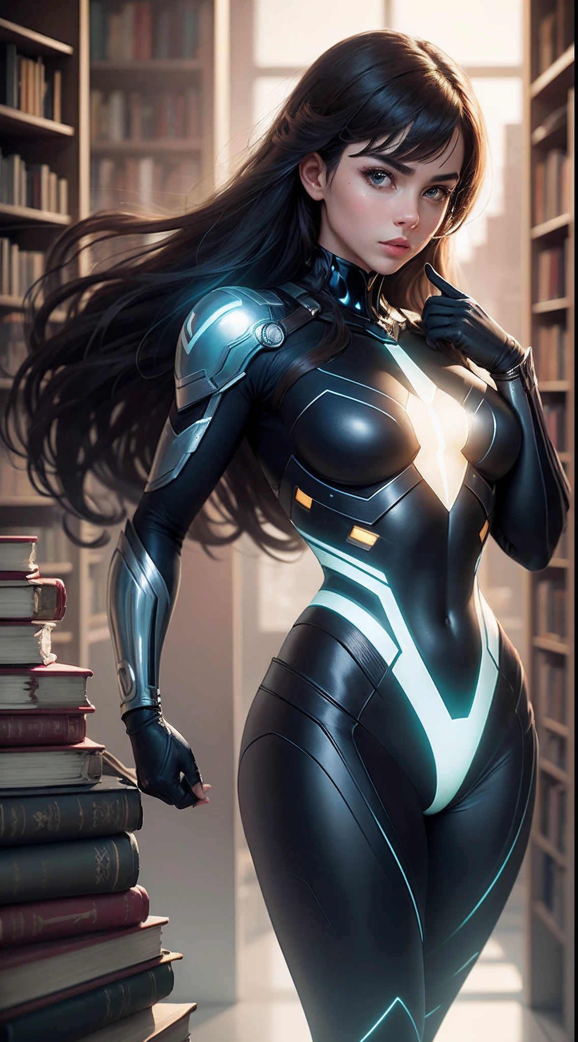 Create a realistic depiction of a studious superhero in a cosmic library environment. The hero must be surrounded by holograms of books and information, simbolizando sua busca pelo conhecimento universal. As cores amarelo e preto devem ser incorporadas de forma sofisticada, reflecting both the brilliant mind and the technological aesthetic.