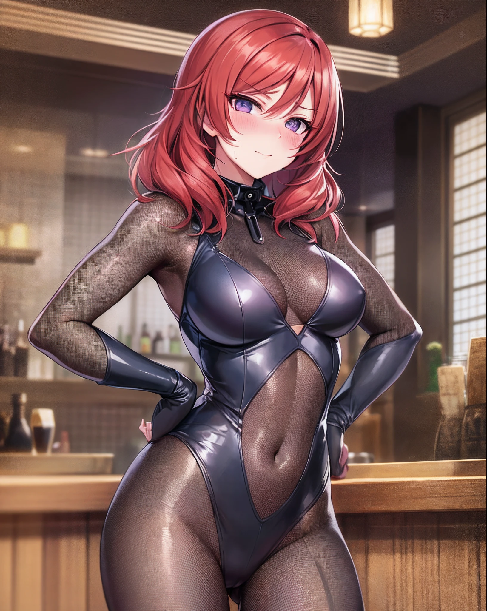 masterpiece, best quality, highres, nishikino maki, purple eyes,red hair, in bar, standing, hand on hip,looking at viewer, sexy,(lips:0.6),fishnet bodysuit, leotard,thighs gab,ass visible through thighs, llchar, cowboy shot,(solo),neck collar,skin tight, Blushing, embarrassed, steaming body, sweaty,skin tight