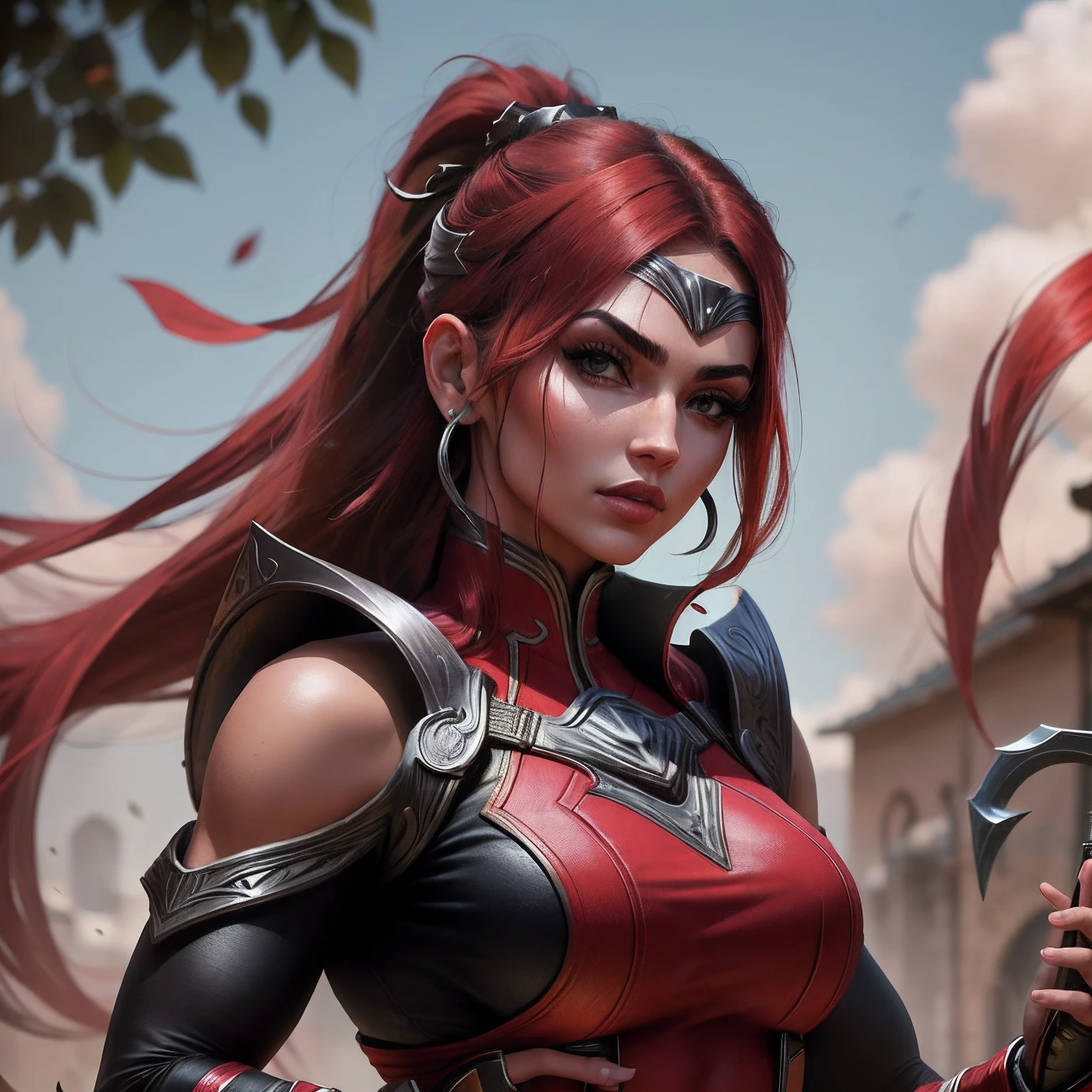 Guerreira, mulher ocidental, mulher bonita, mulher jovem, mulher branca, Branco_Woman, mulher de cabelo vermelho longo, cabelo solto, red_hair, cinza_olho, Black ninja clothes with silver accessories, peitos grandes, Estilo Mortal Kombat, Personagem de Mortal Kombat, realista, 1girl, jardim de fundo