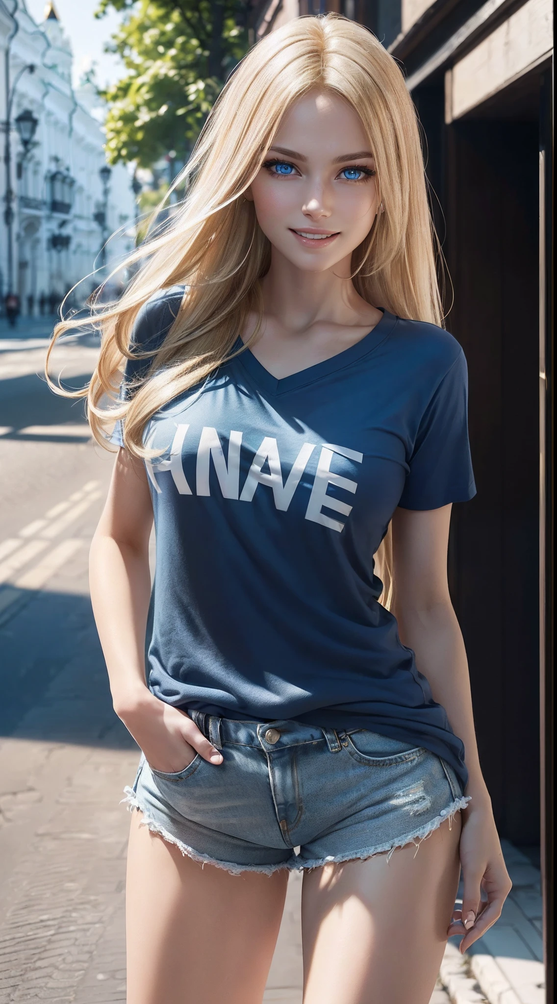 ((Unreal Engine 5)), (ultra high definition), (ultra high resolution), (full sharpness), (maximum quality), (Cinematic), (8k), ((Blonde russian girl)), ((very blue eyes)), ((extremely beautiful)), ((slim)), ((average height)), ((alone)), ((full body)), ((ultra detailed face)), ((ultra detailed eyes)), ((ultra detailed irises)), ((ultra realist eyes)), ((perfect body)), (delicate hands), ((very detailed hands)), (natural lighting), ((front view)), ((laughing)), ((soft skin)), ((Smooth skin)), (very small breasts), ((perky butt)), ((natural skin)), (unique), ((totally realistic)), (so sweet), ((always the same face)), ((repeat always the same face)), ((always the same body)), ((always the same proportions)), ((looking at the camera)), ((wearing shorts and t-shirt)), ((straight hair)), ((central streets of Moscow)), ((always the same clothes)), ((relaxed))