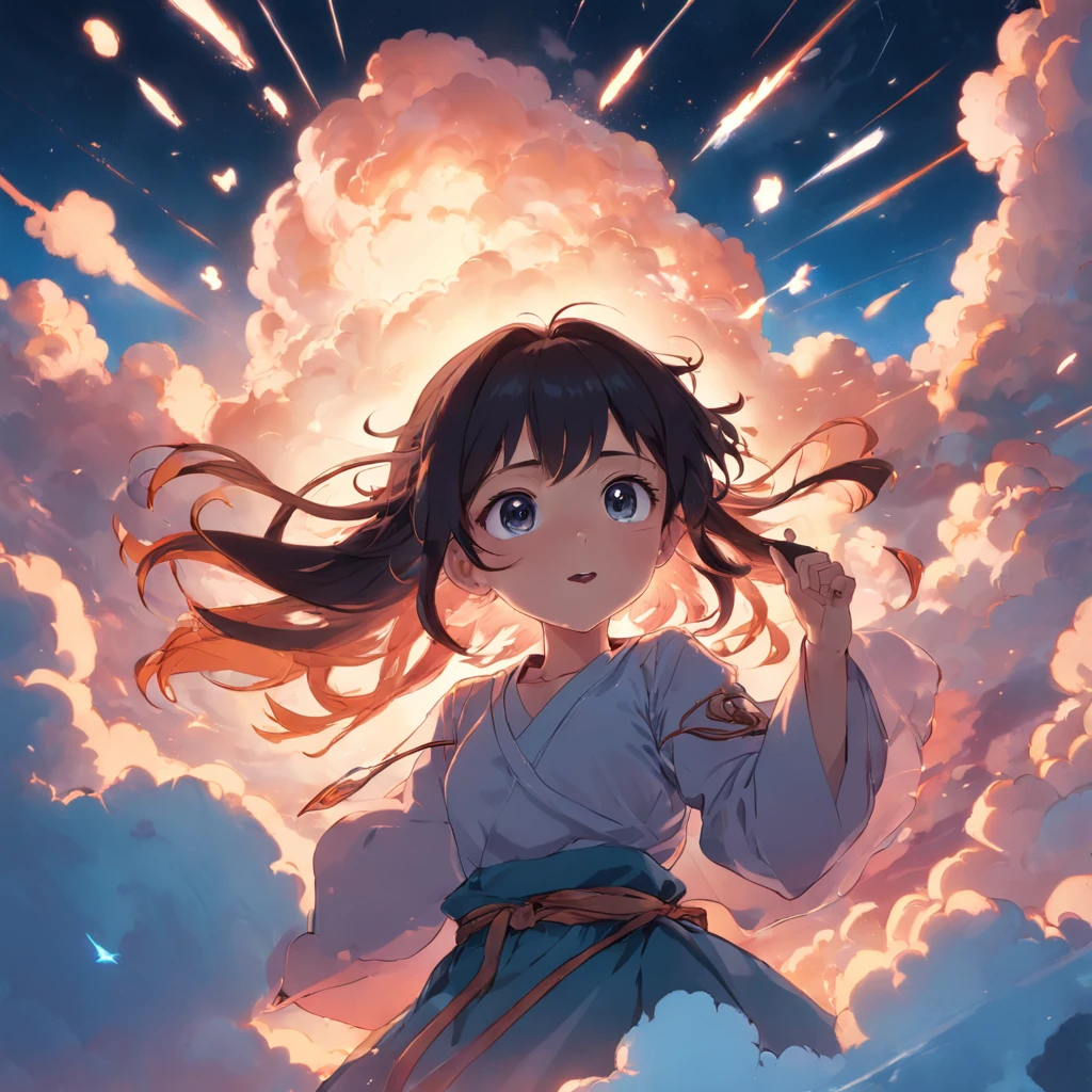 masterpiece, best quality, movie still, 1girl, cloud girl, floating in the sky, close-up, bright, happy, warm soft lighting, sunset, (sparks:0.7)