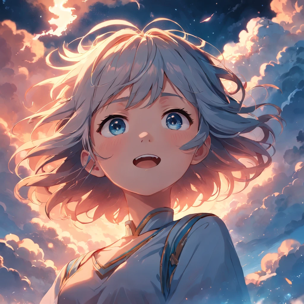 masterpiece, best quality, movie still, 1girl, cloud girl, floating in the sky, close-up, bright, happy, warm soft lighting, sunset, (sparks:0.7)