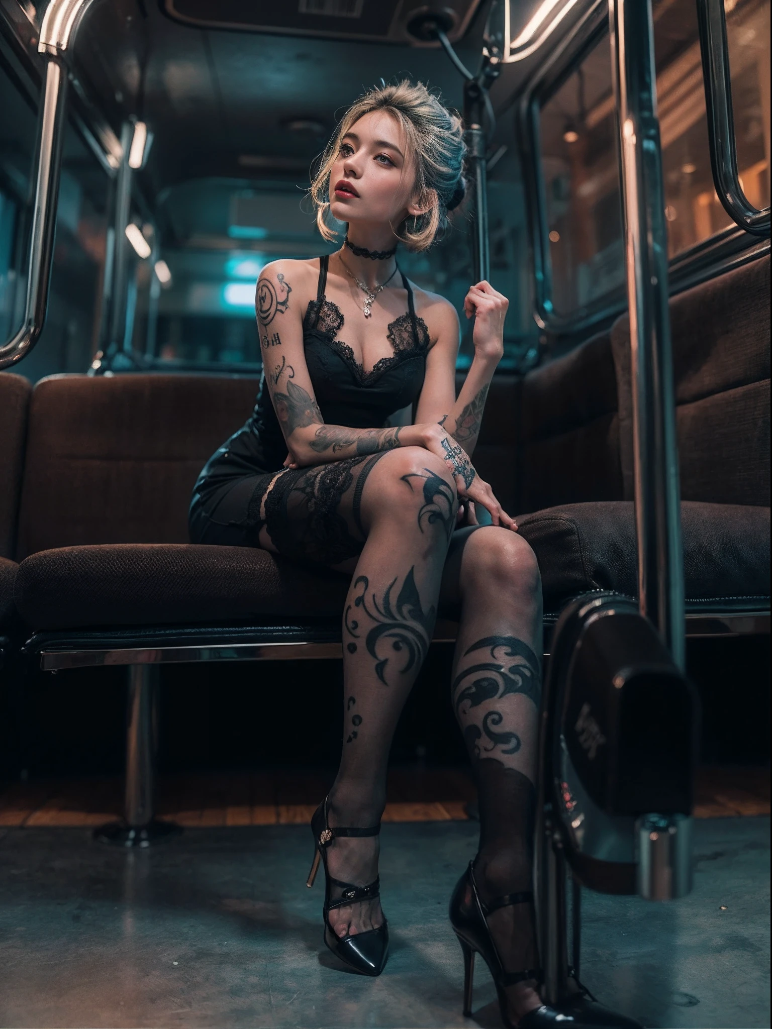 (full bodyesbian:1.5)，((Girl):1.4),(view the viewer:1.4)，(anatomy correct:1.3),(sitting on a bus:1.2),(Black sexy lace V-neck dress :1.2),((Black stockings):1.3),( Girls pointed-toe thick heels :1.1)，(foot ring:1.3),(Accurate and perfect face:1.3),(Tattoos with a large area of the whole body，tattoos on the arms，Tattoo on the chest，leg tattoos)，hyper HD, Ray traching, reflective light， structurally correct, Award-Awarded, High detail, Fade-in and fade-out shadow contrast, Face lighting ，Cinematic lighting, Masterpiece, super detailing, High quality, High detail, Best quality, 16k，High contrast,