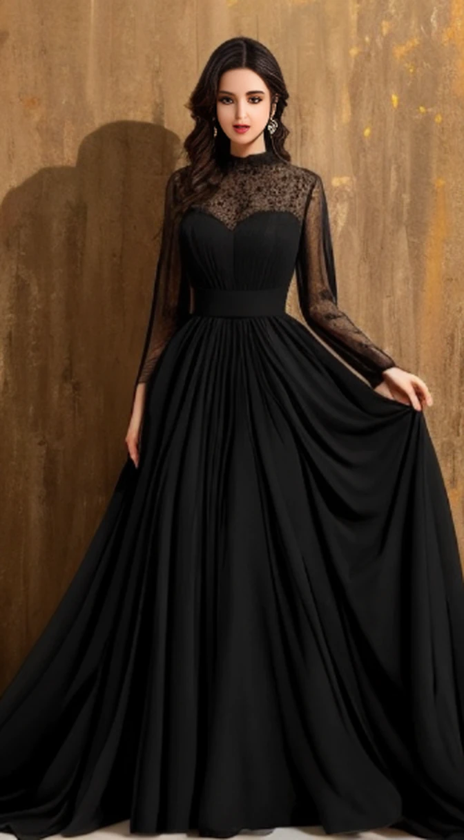 Arad woman in black dress standing in front of wall,Holding a painting in your hand, flowing black gown, vestido preto, arte digital de um elegante, Airbrush vestido escuro, flowy robe, dark flowing robe, vestir. Detalhe extremamente alto, uma mulher elegante no vestido preto, luxury fashion illustration, vestido extravagante, vestido flutuante, mulher em vestes pretas
