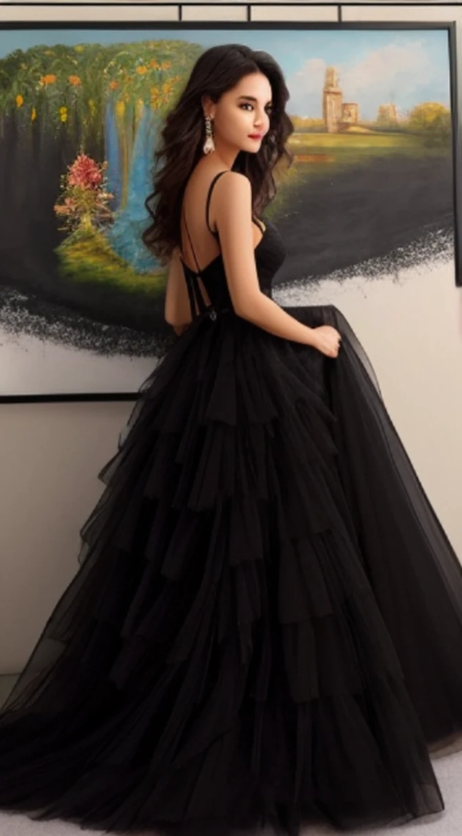 Arad woman in black dress standing in front of wall,Holding a painting in your hand, flowing black gown, vestido preto, arte digital de um elegante, Airbrush vestido escuro, flowy robe, dark flowing robe, vestir. Detalhe extremamente alto, uma mulher elegante no vestido preto, luxury fashion illustration, vestido extravagante, vestido flutuante, mulher em vestes pretas