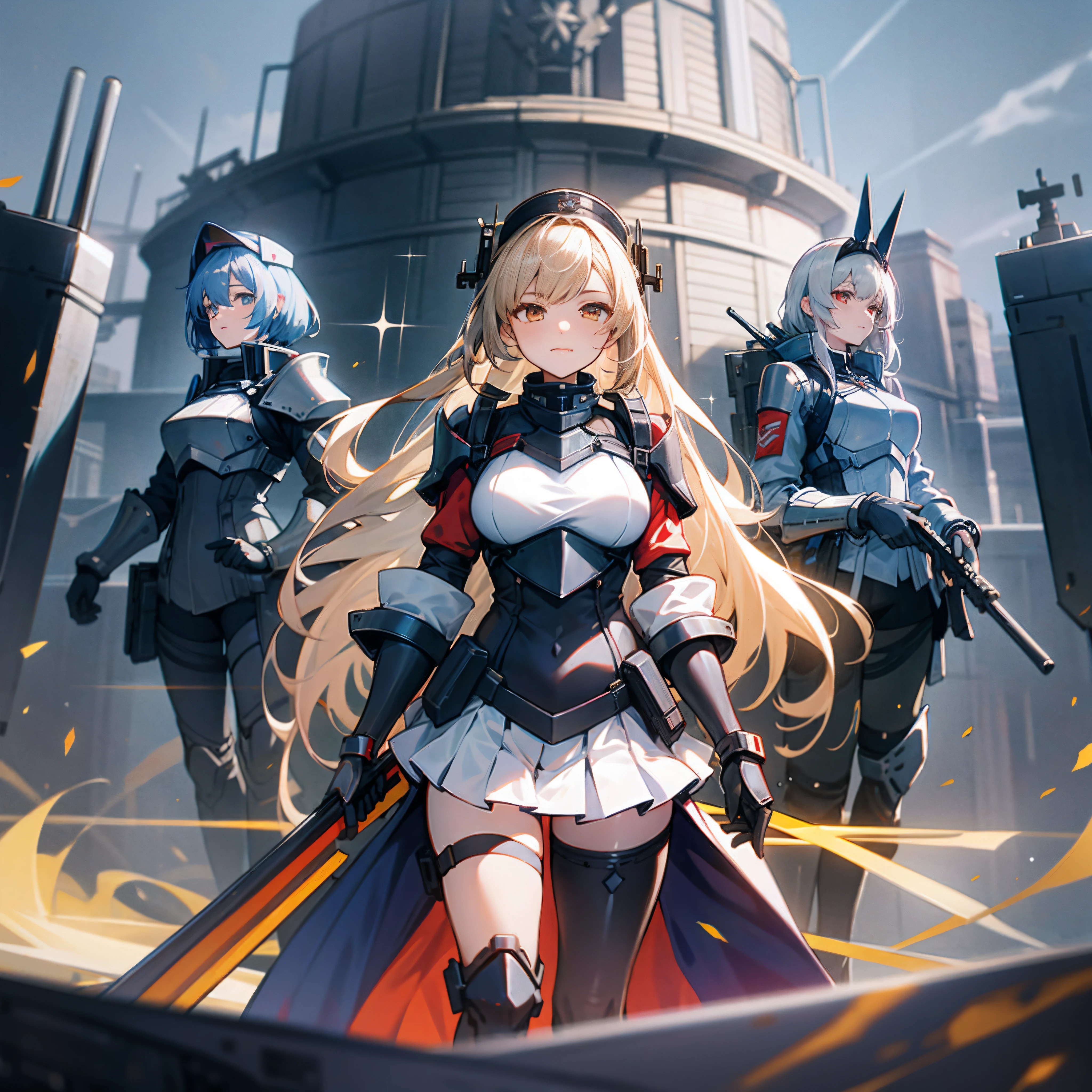 Anime characters standing in front of circular background with sword and armor, From the night of the ark, arknight, from girls frontline, Fine details. Girl Front, girls frontline universe, Girls Frontline CG, honest, girls frontline style, Girl Front, Mechanized Valkyrie girl, A scene from the《azur lane》videogame, Kantai collection style, official character art, kancolle
