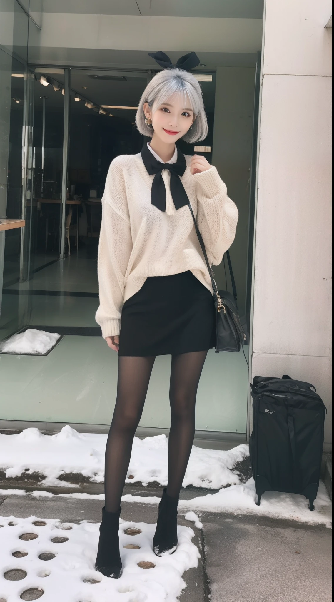 (true to life,Photorealistic 1.5),((best qualtiy, 8K, tmasterpiece:1.3)),SLR camera (二重まぶた,largeeyes:1.3),(smile1.5),(Full body photo 1.5)(One person 1.5)Clear focus 1.2, Perfect body beauty:1.4 , Delicate skin1.1,(Short silver-white hair 1.6),(Fashion watch 1.4),(Pure desire 1.3)(Black pantyhose 1.5)(The leg length is 1 meter 21.5),Slender legs,Slender legs,Single room sweater,Bow knot,pleatedskirt,With earrings,bangle,Winters,Oyuki,Snowy streets,Frozen