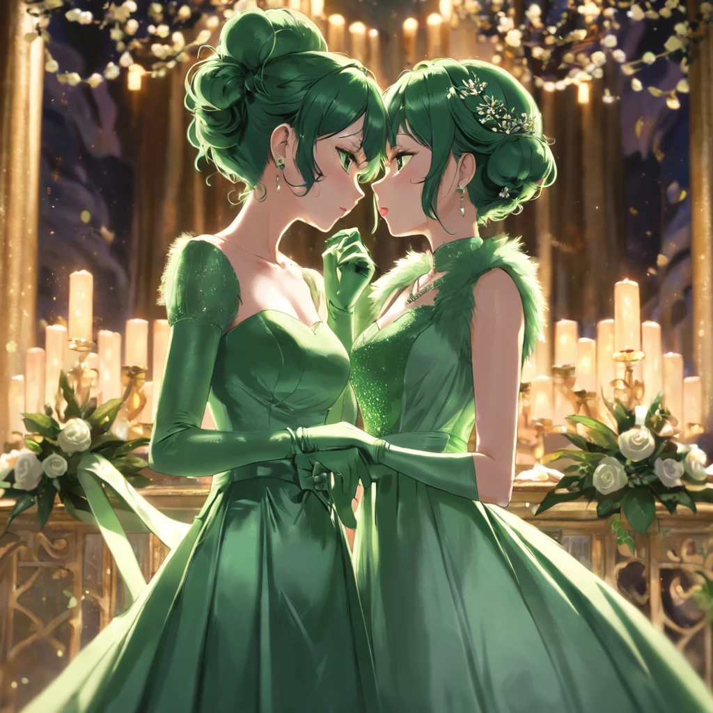 High resolution、Super detailed、(1 girl:1.3), 教会でkissをする二人の女性, Green Satin Long Gloves, Green Wedding Dresses, Green shorthair, lipstick, kiss, bride, green pearl necklace, ボーイッシュなGreen shorthair, lesbian、口から口にkiss, High quality film stills, Sexy lesbian couple make, Passionate, Green dress, Green Bridal Veil, green pearl necklace, heart with both hands, heart shaped hand, big breasts