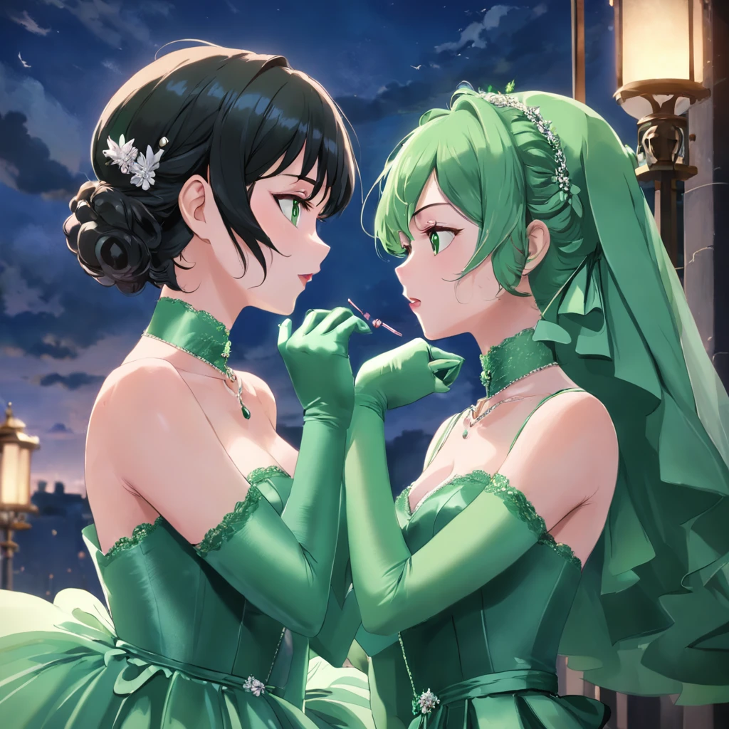 Green Satin Long Gloves, Green dress, Green shorthair, lipstick, kiss, bride, green pearl necklace, 緑のbride,Green Satin Long Gloves, Green Bridal Veil, Green shorthair, lipstick, kiss, bride, green pearl necklace, 緑のbride, lesbian, green eyes, emerald tiara, emerald earrings