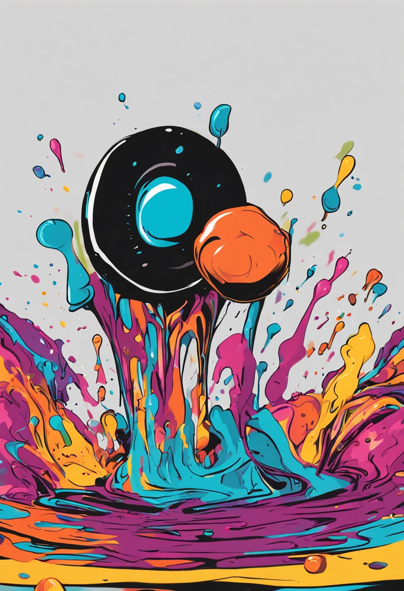 In a flat container filled with colored paint，A drop of colored paint falls，and bounces straight upwards，Colliding with another drop of liquid downwards，Form a small drop of colored liquid mushrooms. And there is a black background.