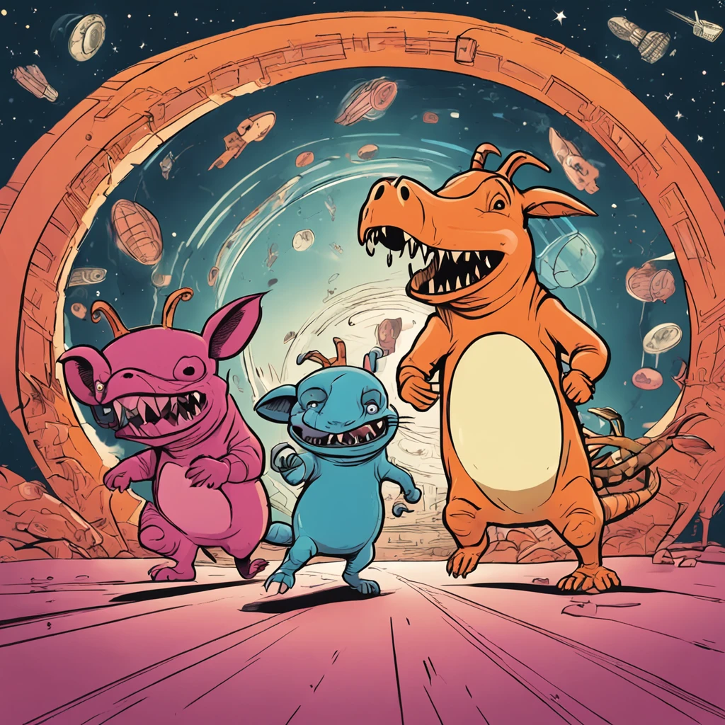 An anthropomorphic mouse, an anthropomorphic pig, an anthropomorphic dragon running fast together in the background with a space-time tunnel, all dressed in human clothes