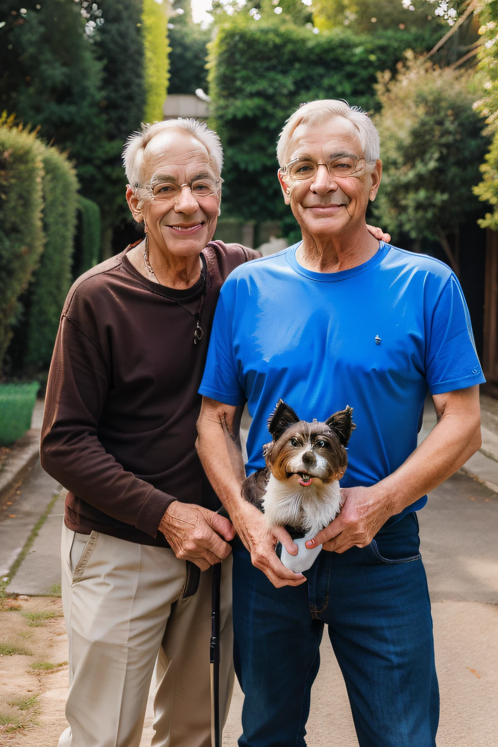 A couple of gay elderly men with a dog in their hands