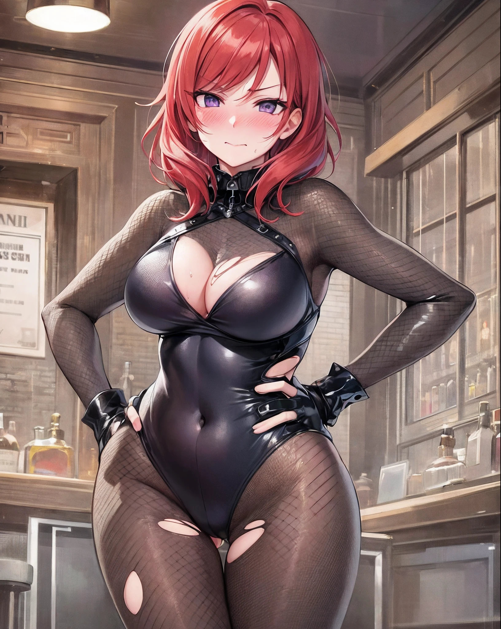 masterpiece, best quality, highres, nishikino maki, purple eyes,red hair, in bar, standing, hand on hip,looking at viewer, sexy,(lips:0.6),fishnet bodysuit, leotard,thighs gab,ass visible through thighs, llchar, cowboy shot,(solo),neck collar,skin tight, Blushing, embarrassed, steaming body, sweaty,skin tight, torn clothes