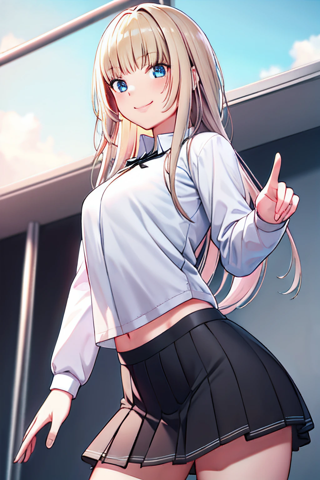 Masterpiece, Best quality, High definition, KR1, Blue eyes, Smile,bangs, White shirt, Black skirt, Stand with finger, Pleated skirt, Socks, small tits, Blonde, Cowboy shot,