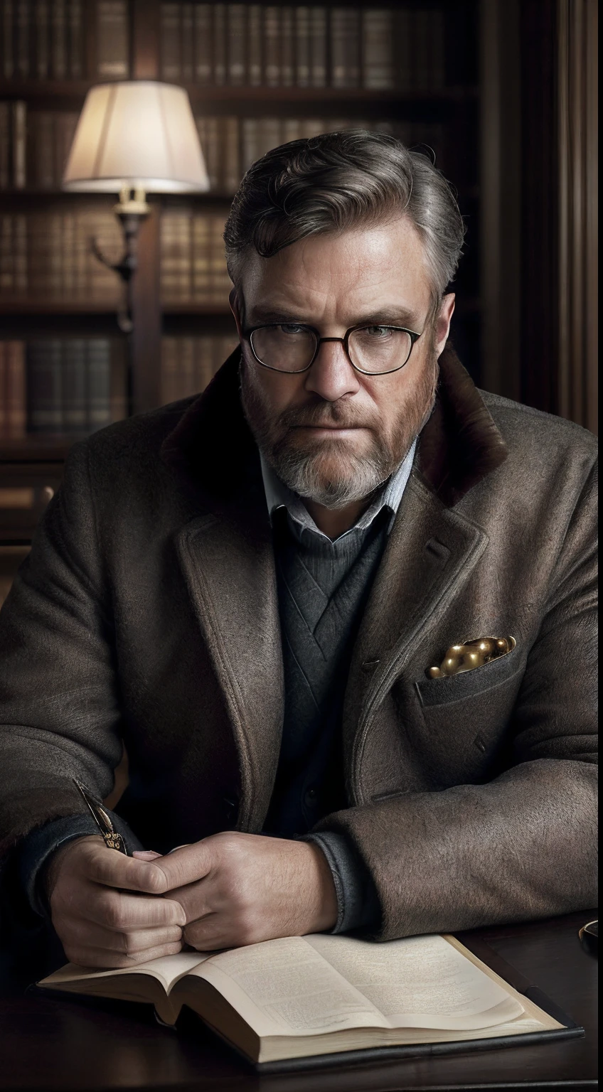 (editorial photograph 9:16 of a working man sitting in his living room in, bearded, calm,confident,look rich,serious doing his reading, 52 years old, brown eyes), (wearing luxury coat, wearing nerd glasses, detailed:1.3), (highly detailed face:1.4), (background inside dark, grumpy, private study libary, antique furniture:1.3), (8k, uhd, DSLR,  high quality, cinematic lighting, bokeh), (dramatic and award-winning photography, amazing masterpiece:1.3) (strong depth of field)show book