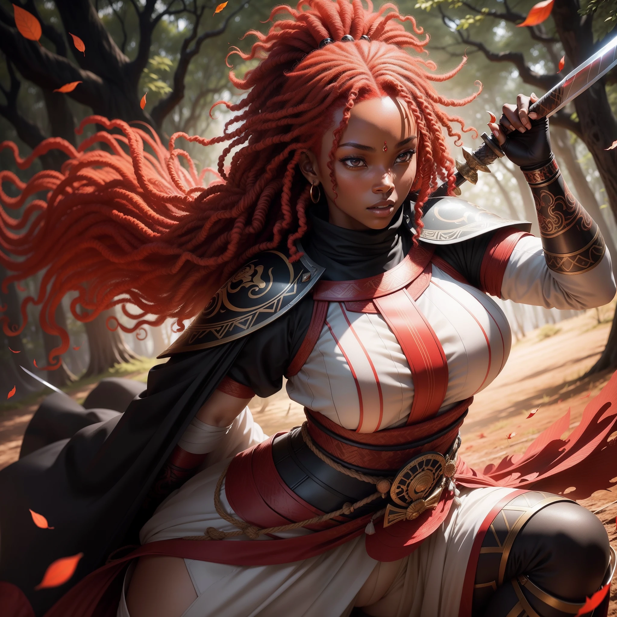 African woman dressed in African design samurai clothes, with curly red hair holding a sword in front of a black and white forest, fighting pose in air slashing falling red leaves with a sword, with iridescent light, highly detailed images, vibrant beautiful colours, photorealistic image, 8k, ultra HD, unreal engine rendered, cinematic lighting, artgerm style,