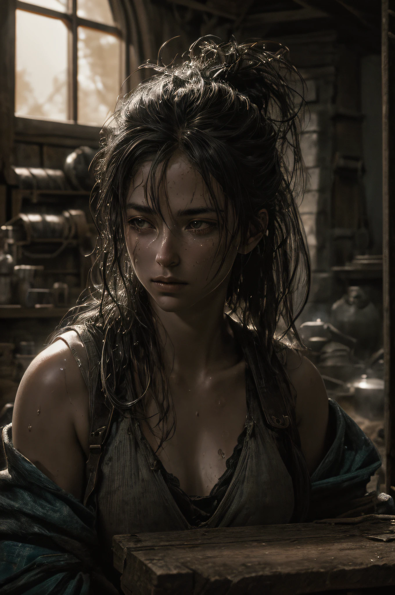 best quality, 500px, cgsociety, 8k, raw fantasy photo of (beautiful:1.2) of a female blacksmith, anvil, forge, grunge, sweat, tired, exhausted, medieval, ambient light, backlight, volumetric lighting, realistic, realistic lighting, cinematic lighting, depth of field, sharp focus, dynamic pose, (face focus), (high contrast:1.2), (film grain)