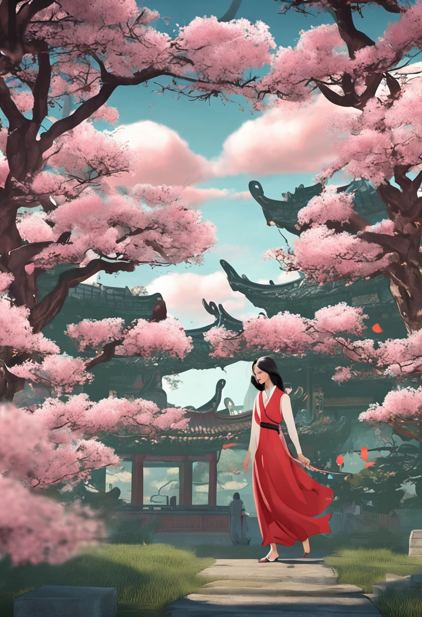 long white hair,red pupils,Slim cheongsam,Little tiger tooth,Green parks,cirrus clouds,The atmosphere is relaxed and pleasant