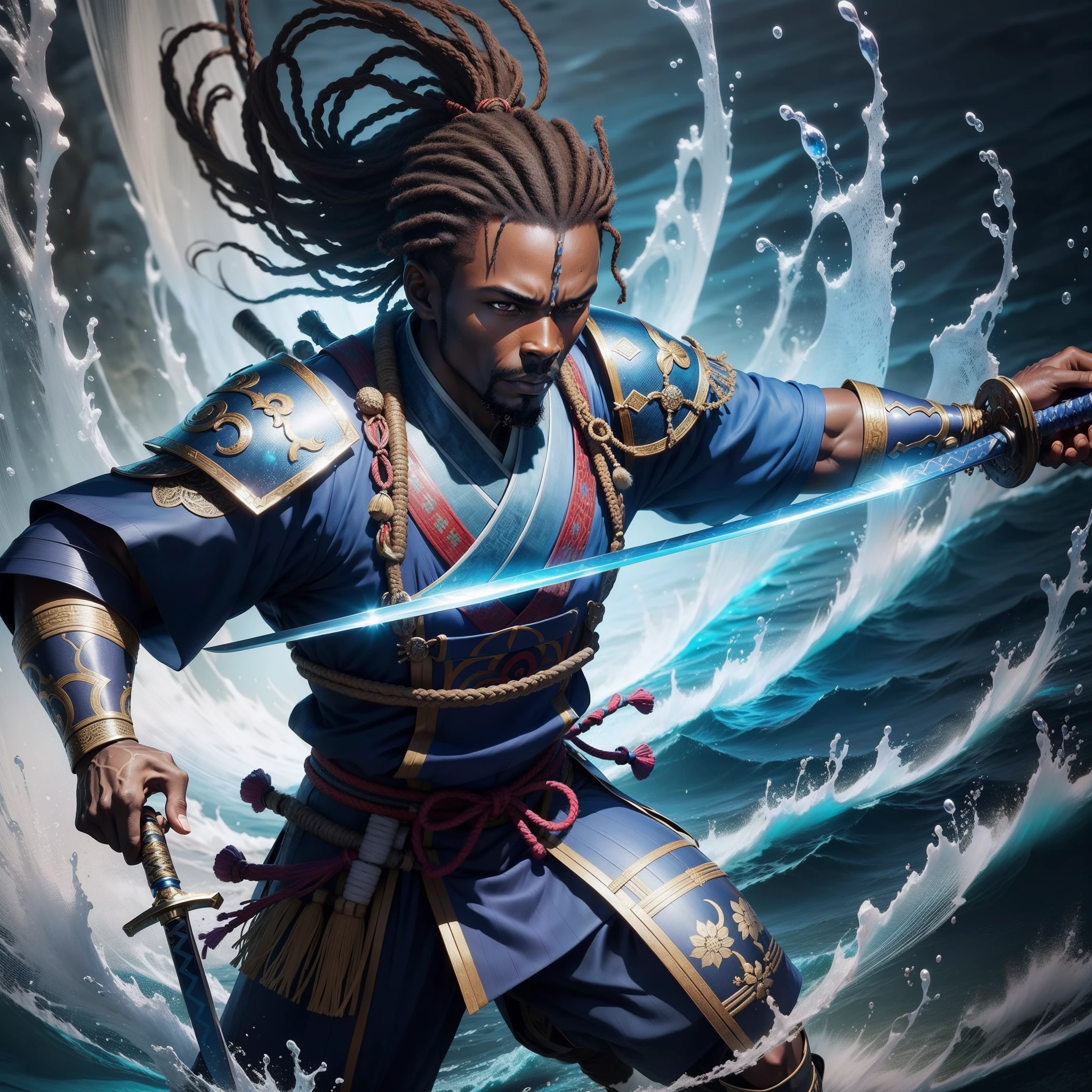an African man dressed in African designed samurai clothes, with a sword in his hand in a blue water, fighting pose and training with the sword, warrior skilled, with iridescent light, highly detailed images, vibrant beautiful colours, photorealistic image, 8k, ultra HD, unreal engine rendered, cinematic lighting, artgerm style,
