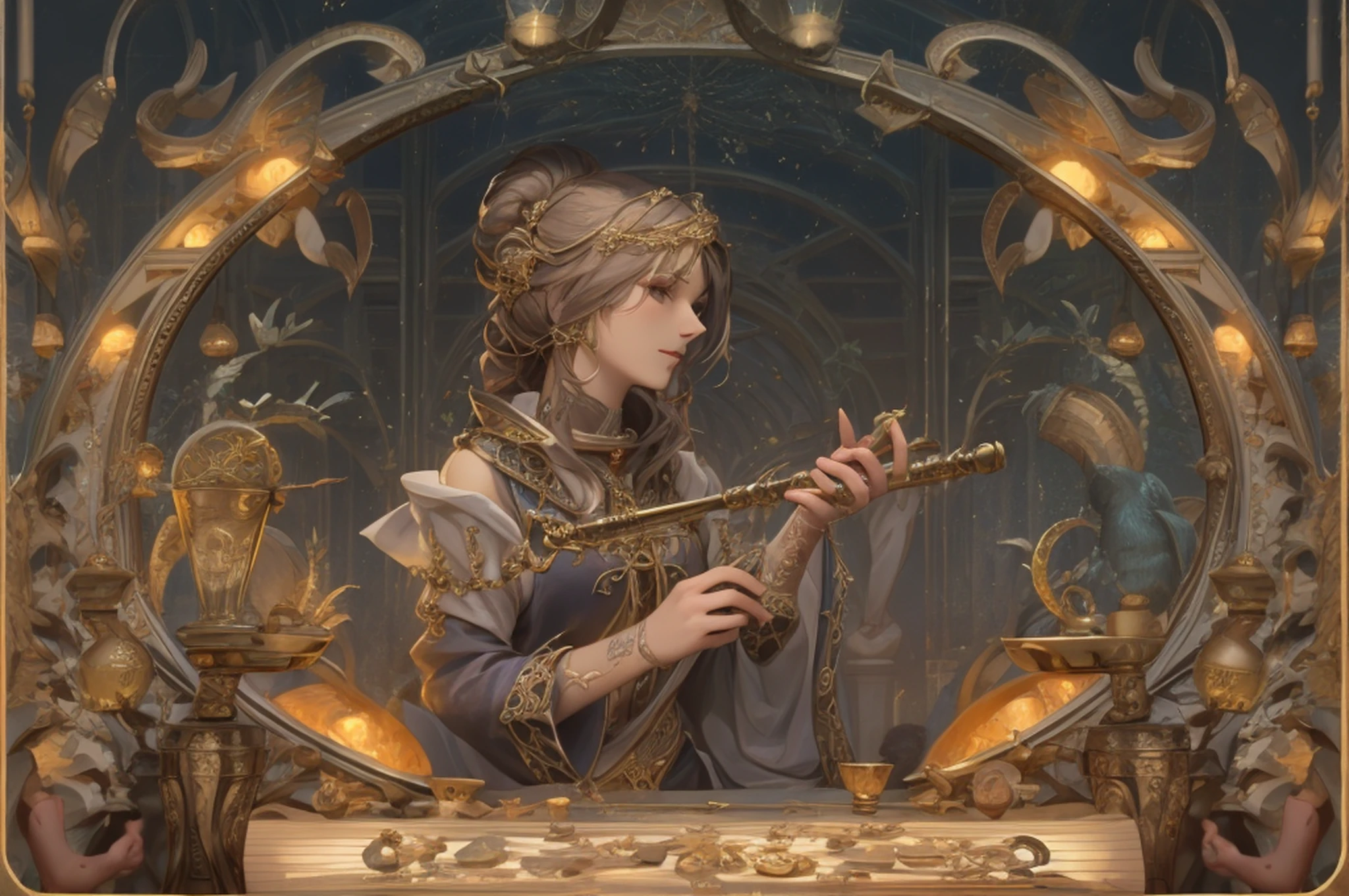 Detalhes altos, best quality, 8k, [ultra detalhado], master part, best quality, (extremamente detalhado), Dynamic angle, tiro ultra largo, fotorrealista (detalhes intrincados, master part, best quality: 1.5), arte de fantasia, arte dnd, Arte de RPG, arte realista, An ultra-wide image of bard playing flute in fantasy tavern and delighting the audience , corpo inteiro, a human female (Detalhes intensos, master part, best quality: 1.5) Bardo da Fantasia, encantador de fantasia,  play flute and delight people with magical songs, roupas coloridas, Dynamic clothing, Cute Epic Female Bard (Detalhes intensos, master part, best quality: 1.5), dynamic hair, cabelos longos, cabelos ondulados, tavern full of crowd, muitas pessoas (Detalhes intensos, master part, best quality: 1.5), bard playing flute and delighting the audience  (Detalhes intensos, master part, best quality: 1.5), Luzes de velas, lustre de fantasia, magical notes, magical sigils in the air  (Detalhes intensos, master part, best quality: 1.5)