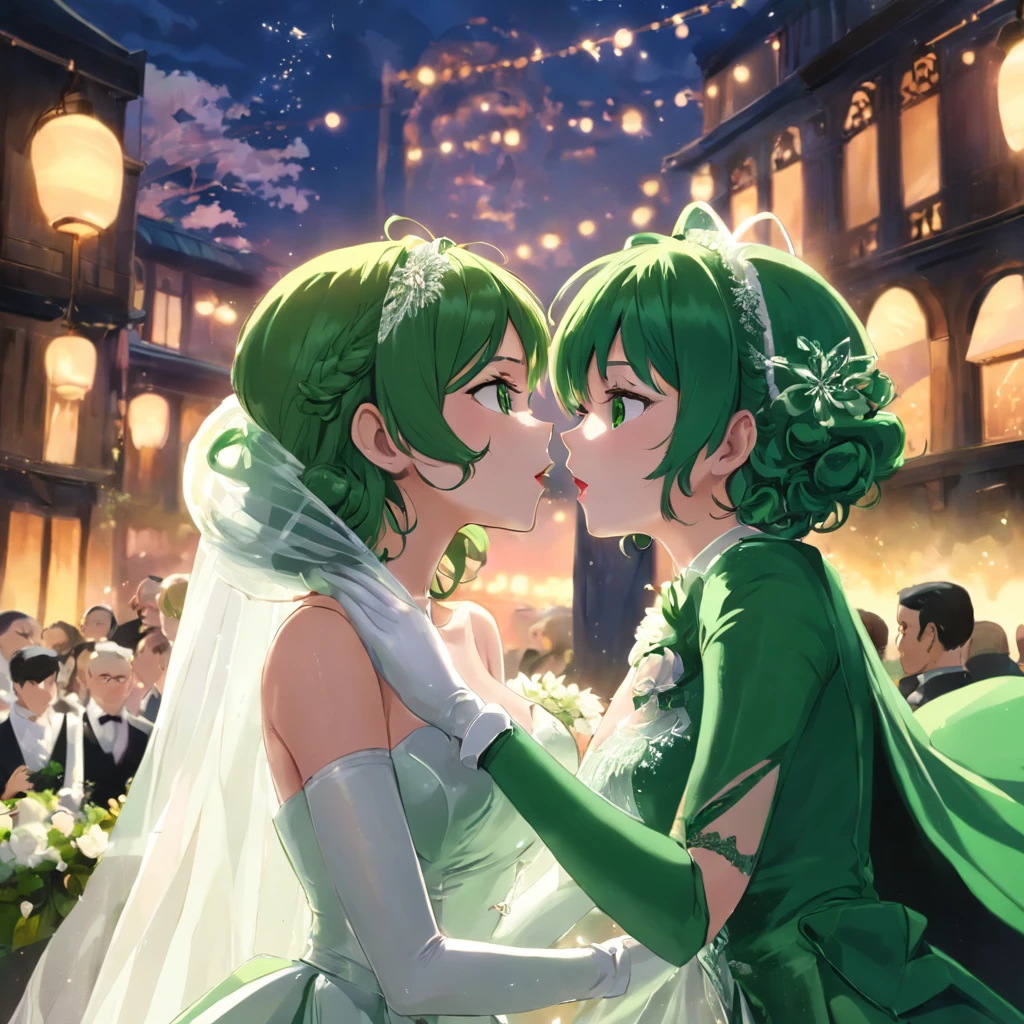 Green Satin Long Gloves, Green Wedding Dresses, Green shorthair, lipsticks, the kiss, bride, Green Pearl Necklace, Green Bride, lesbian