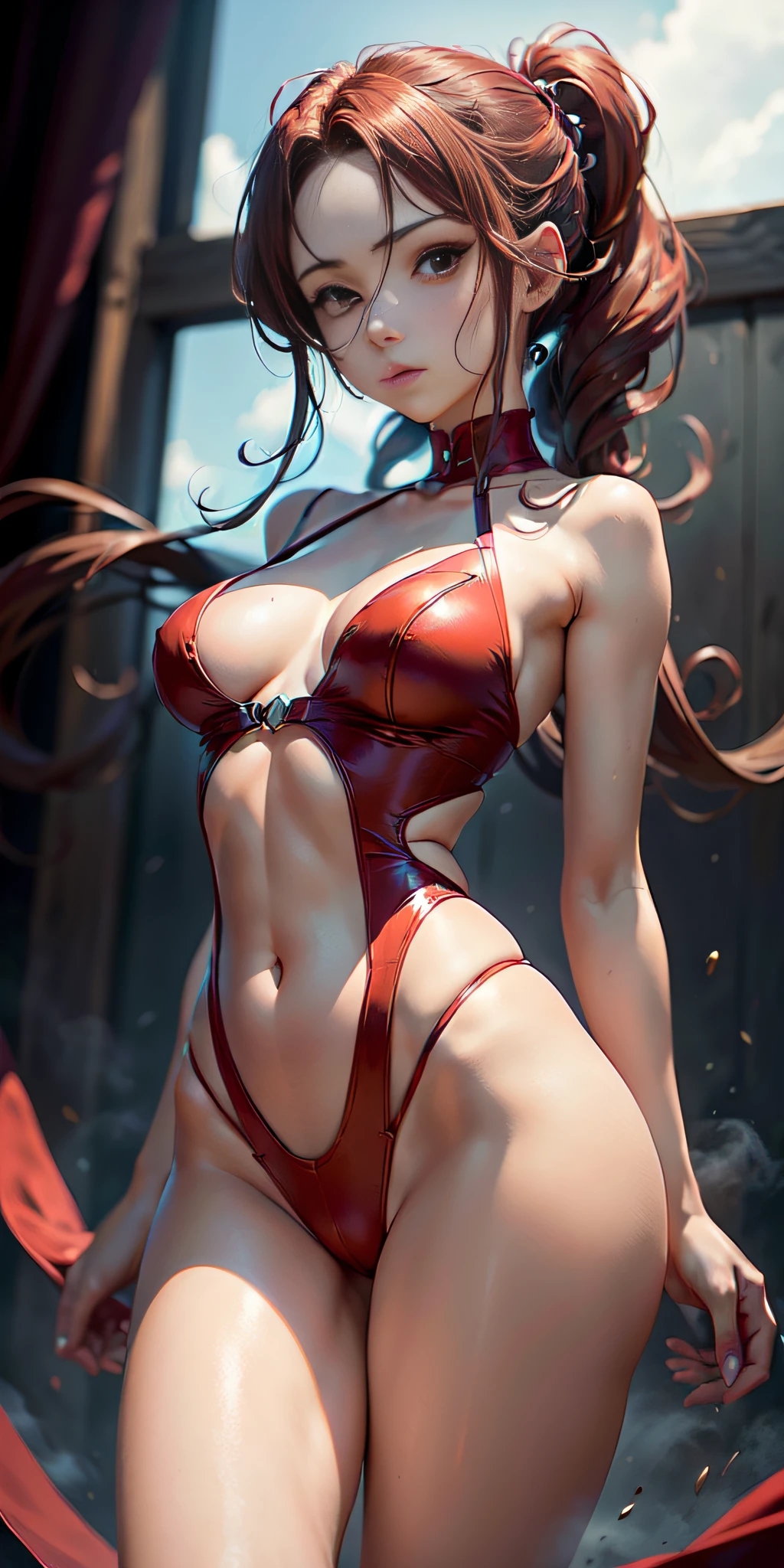 ((Kallen Codegeass, Arte vectorial plano, only 1girl, (ojos hermosos finamente detallados y cara detallada), ojos azules, ((Pelo rojo, Traje de enchufe rojo)), bodysuit, slim build, muslo, En pie, desde abajo, highest qualityr, High resolution. detalles intrincados))