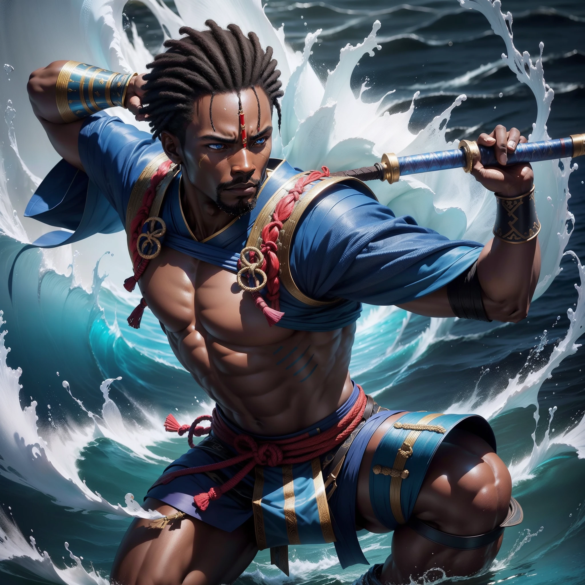 an African man dressed in African designed samurai clothes, with a sword in his hand in a blue water, fighting pose and training with the sword, warrior skilled, with iridescent light, highly detailed images, vibrant beautiful colours, photorealistic image, 8k, ultra HD, unreal engine rendered, cinematic lighting, artgerm style,