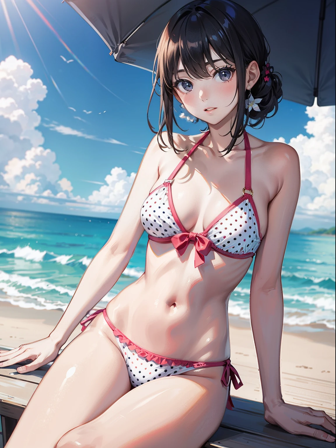 Slender beautiful girl, Alone, Polka dot swimsuit, high resolution, Top quality, Fine details, No blush, kneehigh